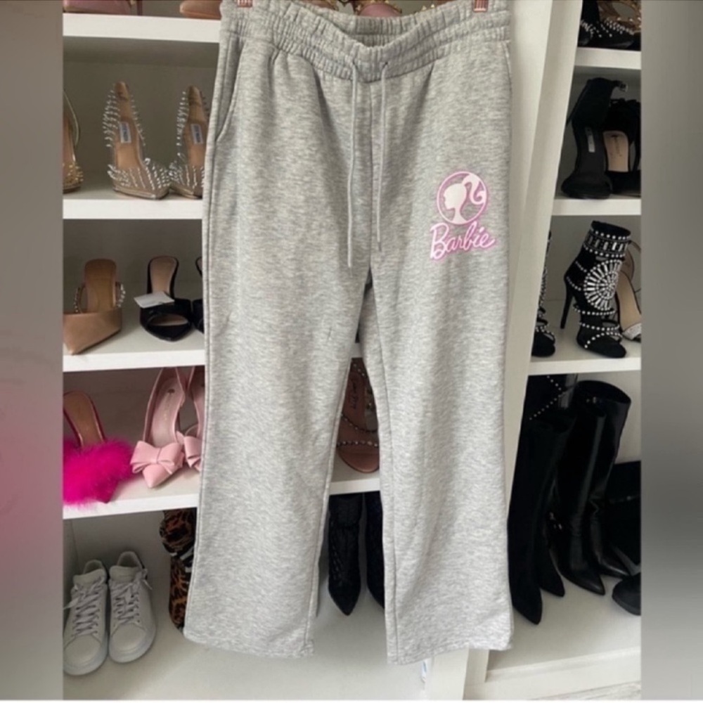 Womens Barbie Joggers Sweatpants Grey with Pink Logo size Large NWT